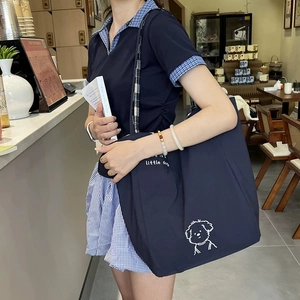 Grand sac cabas en toile bleu marine avec imprimé chiot blanc pour usage quotidien