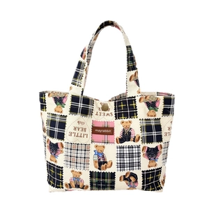 Borsa tote estiva in tela con stampa orsetto e etichetta in pelle marrone di marca