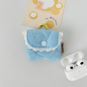 Close-up of blue quilted fabric earphone case with white lace trim and yellow metal hook