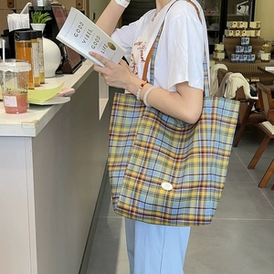 Grand sac cabas en toile à carreaux avec motifs rétro bleu et jaune pour femme