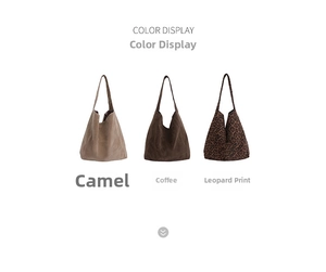 Detailed color display of wool tote bags in camel, coffee brown, and leopard print colors