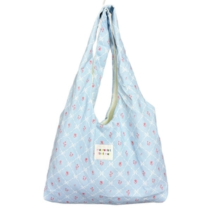 Light blue floral canvas tote bag with white diamond patterns and shoulder strap