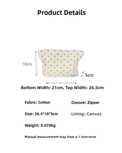 Detailed dimensions of the striped heart makeup bag with 26.5cm top width and zipper