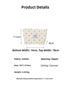 Detailed size chart of white striped heart cotton cosmetic bag with zipper and dimensions