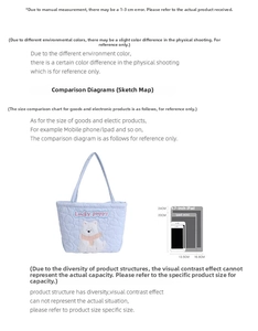 Quilted tote bag size guide showing dimensions compared to tablets and inner capacity