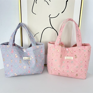 Cute floral quilted tote bag for lunch or storage with cartoon patterns and snap button