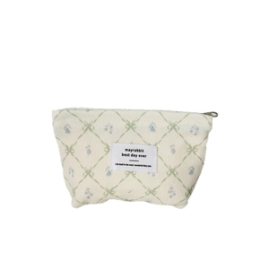 Trousse à maquillage en velours côtelé avec motif losange vert et fermeture éclair