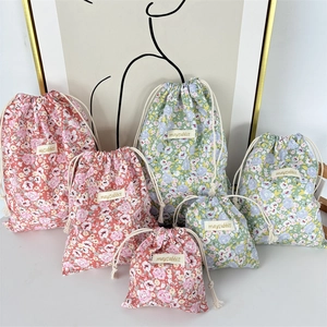 Floral Drawstring Storage Bags Cotton Fabric Portable Travel Organizer Dustproof Pouch For Cosmetics Underwear Stationery