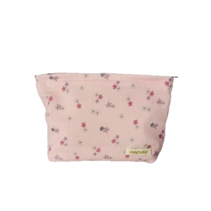 Portable pink floral corduroy cosmetic bag with large capacity and secure metal zipper