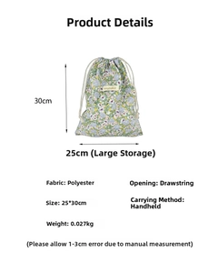 Detailed view of floral drawstring bag showing 25x30cm size and polyester fabric texture