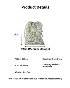 Floral cotton drawstring storage bag size 19x23cm with portable handle and durable fabric