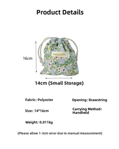 Detail view of mini floral drawstring storage pouch in polyester with dimension specs