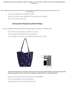 Navy canvas tote bag with mushroom embroidery and size comparison to a 9.7-inch iPad