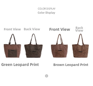 Detailed color display of leopard print tote bags in green and brown showing front and back