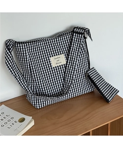 Gingham canvas tote set with adjustable strap and small matching zipper pouch