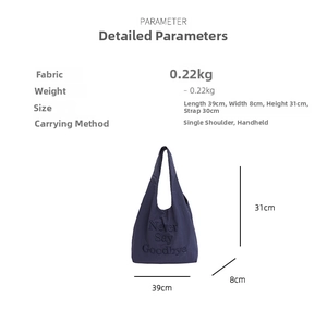 Detailed view of Never Say Goodbye embroidered slogan on durable navy nylon tote bag