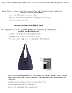 Size guide showing navy nylon tote bag dimensions with iPad for scale and capacity