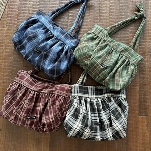 Sac Fourre-Tout Écossais Femmes Grande Capacité Sac Épaule Polyester Volants Nœud Rétro Décontracté Polyvalent Main