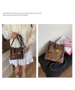 Detail of cute nylon crossbody bag featuring colorful mushroom embroidery and woven strap