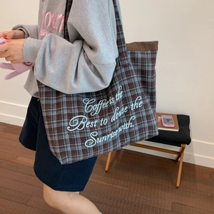 Plaid canvas tote bag for women featuring vintage check pattern and shoulder strap