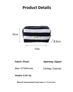 Detail view of striped plush pencil case with size dimensions 17x10x8.5cm and zipper