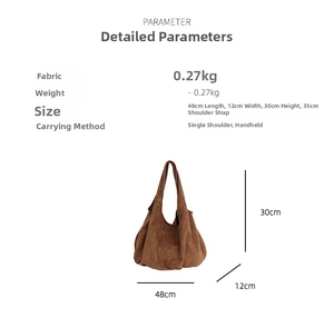 Detailed size chart for brown tote bag with 48x30cm dimensions and strap length