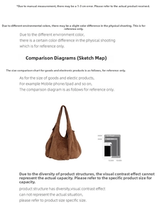Size chart showing brown suede tote bag dimensions compared with tablet and smartphone