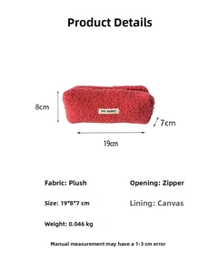 Detail of rose red plush pencil case showing 19x8x7cm dimensions and canvas lining