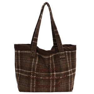Brown vintage plaid tote bag in corduroy fabric with elegant embroidery for daily commute