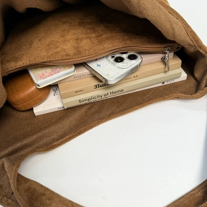 Brown suede tote bag with large capacity for laptop and books, retro casual shoulder bag