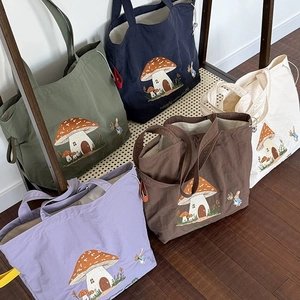 Japanese Mori Girl Style Mushroom House And Rabbit Embroidery Nylon Tote Bag Large Capacity Drawstring Shoulder Bag For Women