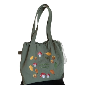 Retro forest mushroom embroidery nylon tote bag with drawstring in dark green