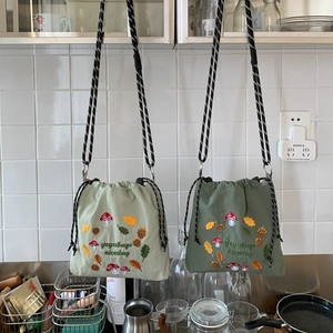 Mushroom Embroidery Nylon Drawstring Crossbody Phone Bag Casual Bucket Pouch Travel Storage Mori Style For Women Girls