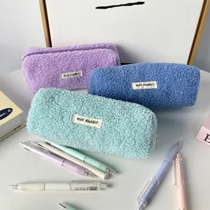 Cute teddy plush pencil case with large capacity and zipper closure in macaron colors
