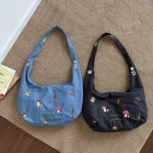 Sac Hobo Bandoulière En Jean Brodé Pour Femmes Broderie Champignon De Forêt Grande Capacité Style Japonais Vintage