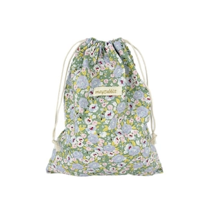 Floral cotton drawstring storage bag with green fabric and purple flower patterns