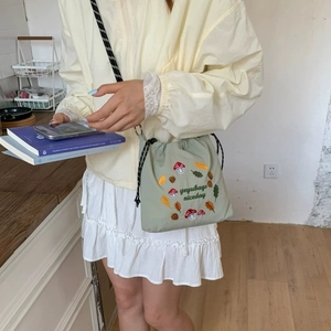 Cute nylon crossbody phone bag with mushroom embroidery and woven shoulder strap