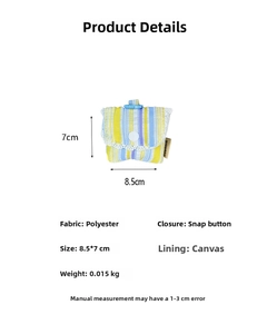 Detailed dimensions of a striped headphone pouch with lace trim and snap closure