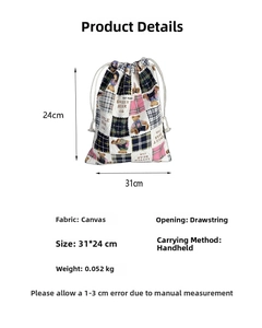 Detail showing 31x24cm dimensions and drawstring design of the bear canvas storage bag