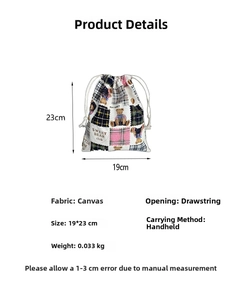 Detail view of canvas drawstring bag with bear pattern and 19x23cm size specifications