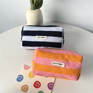 Striped towel fabric large pencil case and stationery storage pouch by MAY RABBIT