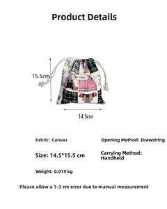 Detail view of canvas drawstring bag with plaid bear design and 14.5x15.5cm dimensions
