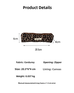 Detail view of leopard print corduroy pencil case showing dimensions and material specs