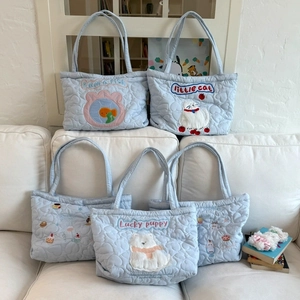 Cute Heart Quilted Tote Bag Padded Nylon Shoulder Bag With Animal Embroidery Large Capacity Casual Handbag For Women Girls