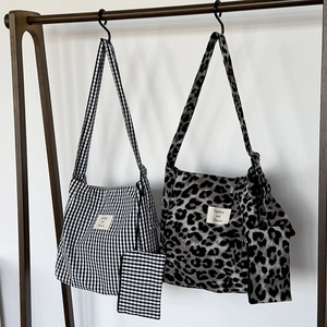 Women Large Capacity Tote Bag And Coin Purse Gingham Checkered Leopard Print Canvas Adjustable Strap Korean Style