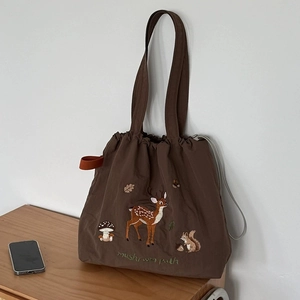 Sac tote en toile marron café avec broderie d'animaux de forêt et cordon de serrage