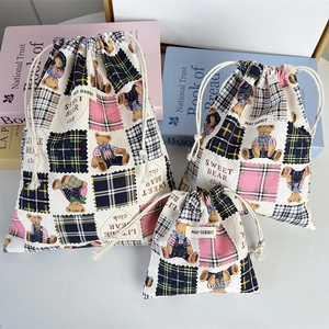 Canvas Drawstring Storage Bag Cute Cartoon Bear Plaid Pattern Portable Travel Makeup Pouch Dustproof Organizer Handbag