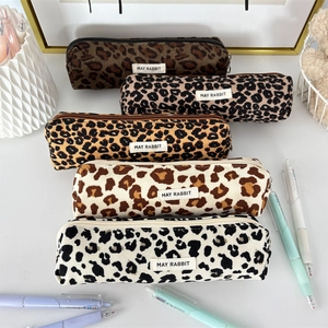 Vintage corduroy pencil case with leopard print pattern and large capacity storage