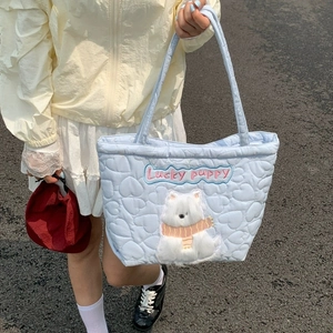 Quilted light blue tote bag featuring 3D plush puppy patch and Lucky puppy embroidery