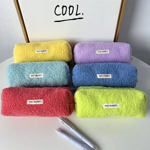 Plush lamb wool pencil case set in six vibrant colors for students and stationery storage